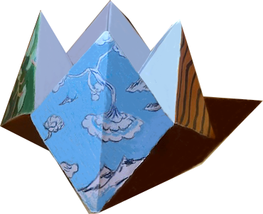 cootie catcher seen from side with focus on blue section