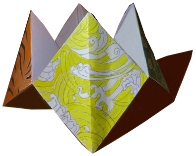 cootie catcher seen from side with focus on yellow section